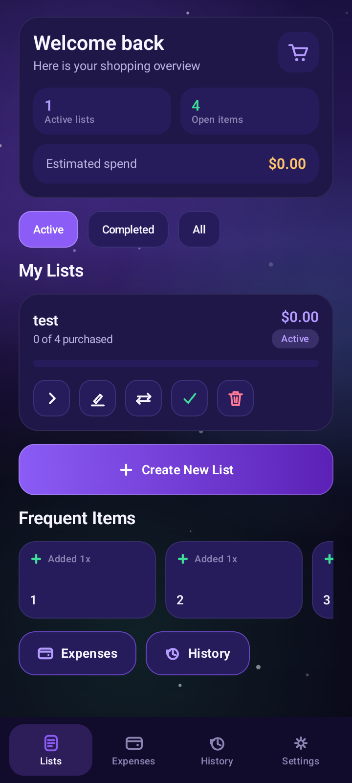 White List Shopper lists screen