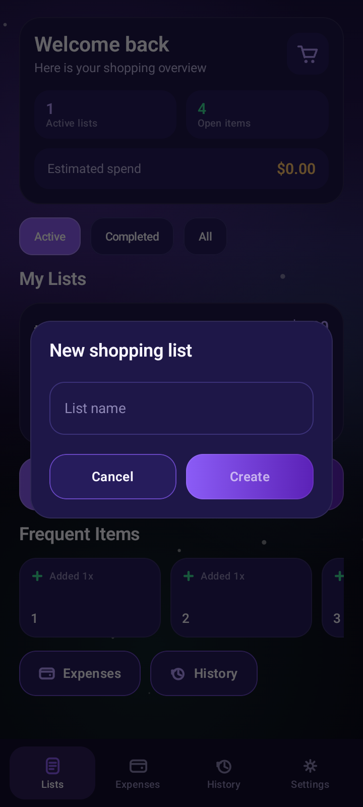 White List Shopper new shopping list dialog